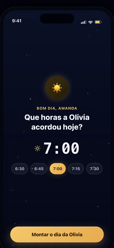 Tela do BabyStar perguntando que horas o bebê acordou hoje