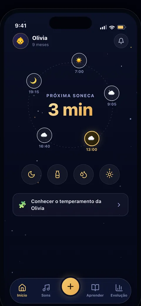 Tela inicial do BabyStar com o anel do dia e a próxima soneca