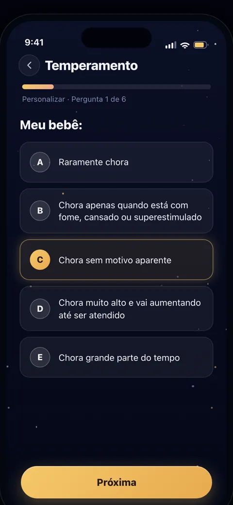 Tela do quiz de temperamento do BabyStar, pergunta 1 de 6
