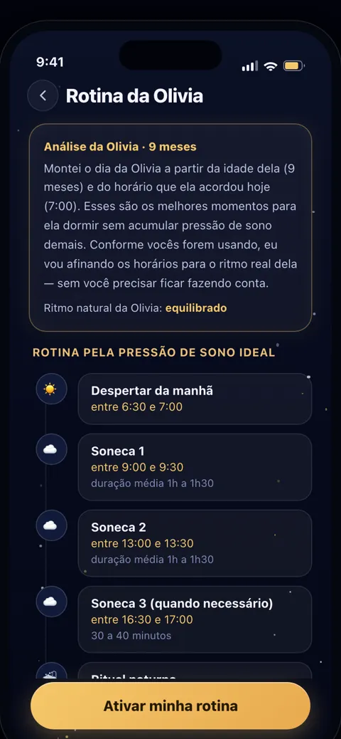 Tela do BabyStar com a rotina do dia montada pela pressão de sono
