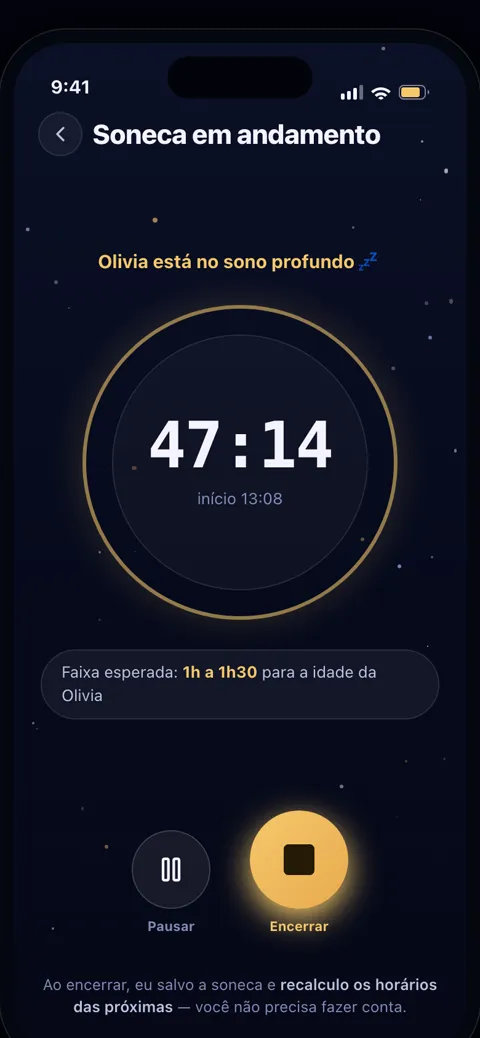 Tela do timer de soneca do BabyStar, que recalcula as próximas sonecas